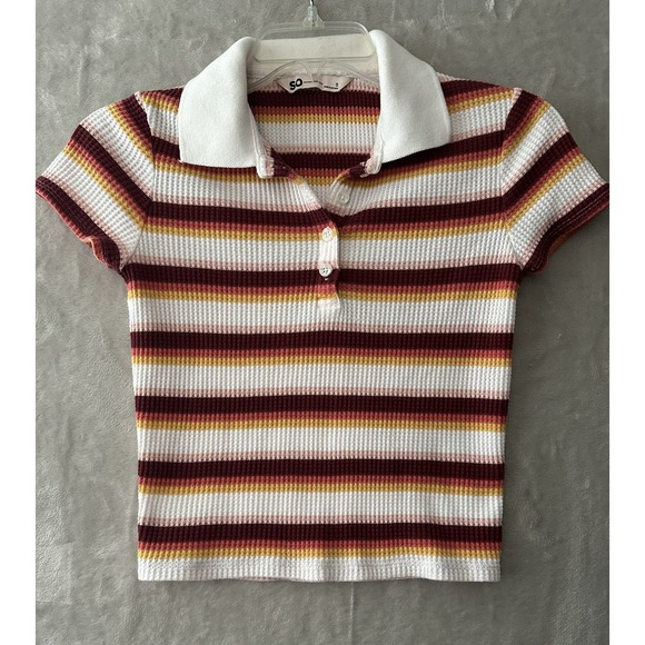 SO Polo Shirt Womens Small Maroon Yellow White Striped Collared Waffle Knit Top - Picture 1 of 9
